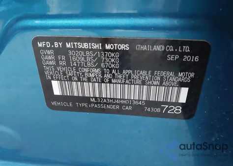 2017 Mitsubishi Mirage Es z USA, uszkodzony, nr VIN ML32A3HJ4HH013645